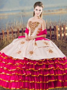  Sleeveless Organza Floor Length Lace Up 15 Quinceanera Dress in Fuchsia with Beading and Ruffled Layers