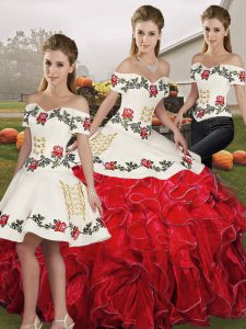 Unique White And Red Off The Shoulder Neckline Embroidery and Ruffles 15 Quinceanera Dress Sleeveless Lace Up