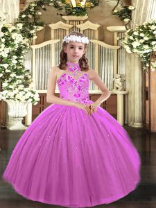 Modern Ball Gowns Little Girl Pageant Gowns Lilac Halter Top Tulle Sleeveless Floor Length Lace Up