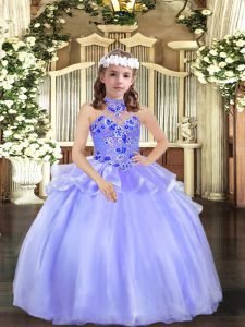 Latest Ball Gowns Kids Pageant Dress Lavender Halter Top Organza Sleeveless Floor Length Lace Up