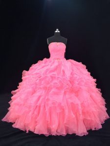 Custom Made Organza Strapless Sleeveless Lace Up Beading and Ruffles Quinceanera Dresses in Pink 