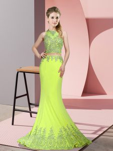 Fine Mermaid Sleeveless Yellow Green Prom Gown Sweep Train Zipper