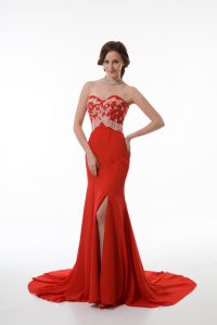 Glorious Brush Train Mermaid Prom Gown Red Sweetheart Chiffon Sleeveless Zipper