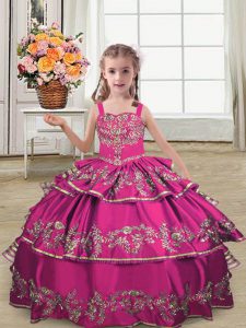 Perfect Satin Straps Sleeveless Lace Up Embroidery and Ruffled Layers Little Girls Pageant Dress in Fuchsia