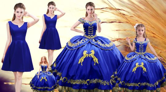 Beautiful Royal Blue Quince Ball Gowns Sweet 16 and Quinceanera with Embroidery Off The Shoulder Sleeveless Lace Up