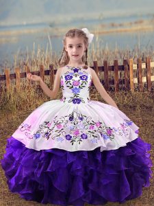 Fashion Purple Sleeveless Organza Lace Up Kids Pageant Dress for Wedding Party