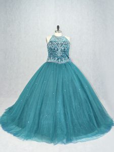  Lace Up Quince Ball Gowns Teal for Sweet 16 and Quinceanera with Beading Brush Train
