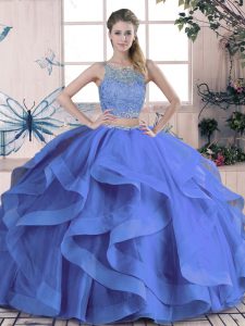 New Style Blue Tulle Lace Up Scoop Sleeveless Floor Length Ball Gown Prom Dress Beading and Ruffles