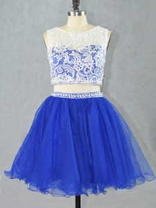 Classical Royal Blue Organza Zipper Scoop Sleeveless Mini Length Prom Party Dress Lace and Appliques