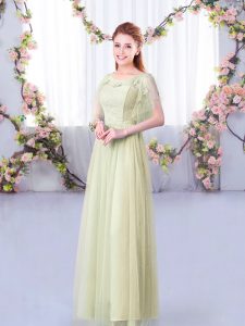 High Class Short Sleeves Floor Length Lace and Belt Side Zipper Dama Dress with Yellow Green