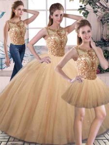  Ball Gowns Quinceanera Gown Gold Scoop Tulle Sleeveless Floor Length Lace Up