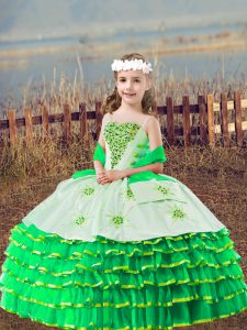 Trendy Floor Length Green Little Girls Pageant Dress Organza Sleeveless Beading and Embroidery and Ruffled Layers