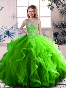 Elegant Green Tulle Lace Up Sweet 16 Quinceanera Dress Sleeveless Beading and Ruffles