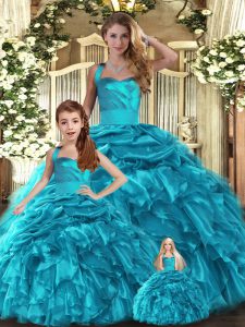 Adorable Teal Ball Gowns Ruffles and Pick Ups Quince Ball Gowns Lace Up Organza Sleeveless Floor Length