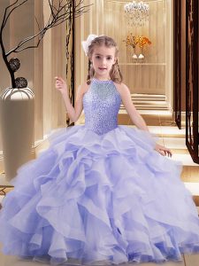  Lavender Sleeveless Brush Train Lace Up Little Girls Pageant Dress Wholesale for Sweet 16 and Wedding Party