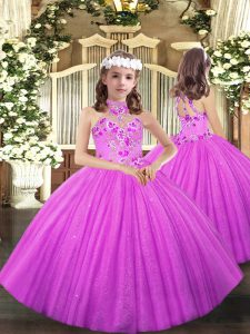 Charming Lilac Tulle Lace Up Halter Top Sleeveless Floor Length Kids Pageant Dress Appliques