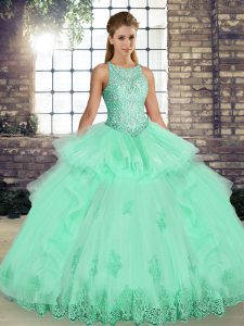 Delicate Apple Green Tulle Lace Up Scoop Sleeveless Floor Length Quinceanera Gowns Lace and Embroidery and Ruffles
