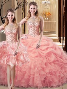 Peach Sleeveless Floor Length Beading and Ruffles Lace Up Sweet 16 Quinceanera Dress