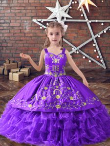  Lavender Ball Gowns Satin and Organza Straps Sleeveless Embroidery and Ruffled Layers Floor Length Lace Up Little Girls Pageant Dress