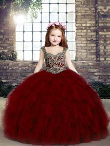 Most Popular Sleeveless Tulle Floor Length Lace Up Little Girls Pageant Dress Wholesale in Red with Beading and Ruffles