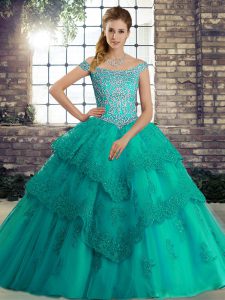 Ideal Beading and Lace Ball Gown Prom Dress Turquoise Lace Up Sleeveless Brush Train
