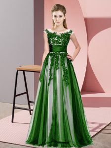  Floor Length Zipper Damas Dress Green for Wedding Party with Beading and Lace