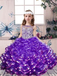 Fancy Lavender Organza Lace Up Little Girl Pageant Gowns Sleeveless Floor Length Beading and Ruffles
