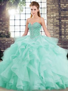 High Quality Apple Green Quinceanera Dress Military Ball and Sweet 16 and Quinceanera with Beading and Ruffles Sweetheart Sleeveless Brush Train Lace Up