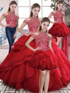 Vintage Red Sleeveless Organza Lace Up 15 Quinceanera Dress for Sweet 16 and Quinceanera