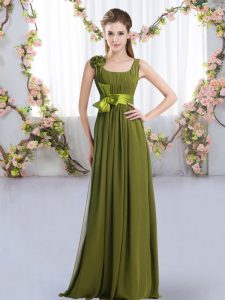  Olive Green Empire Straps Sleeveless Chiffon Floor Length Zipper Belt and Hand Made Flower Dama Dress