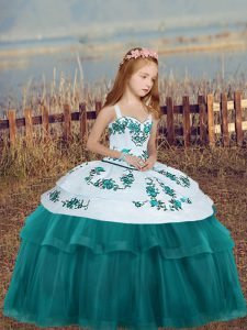  Teal Sleeveless Tulle Lace Up Girls Pageant Dresses for Party and Wedding Party