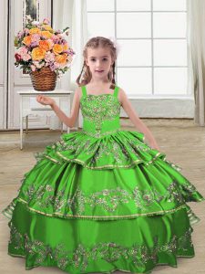  Embroidery and Ruffled Layers Little Girls Pageant Dress Wholesale Green Lace Up Sleeveless Floor Length