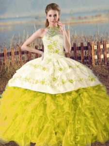 Super Yellow Green and Yellow Halter Top Neckline Embroidery and Ruffles Quince Ball Gowns Sleeveless Lace Up