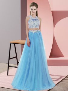 Latest Two Pieces Quinceanera Dama Dress Baby Blue Halter Top Tulle Sleeveless Floor Length Zipper