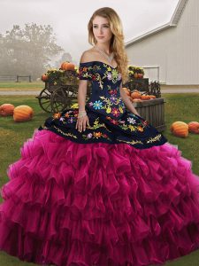 Fancy Fuchsia Lace Up 15 Quinceanera Dress Embroidery and Ruffled Layers Sleeveless Floor Length