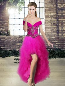  Fuchsia Off The Shoulder Neckline Beading and Ruffles Prom Dress Sleeveless Lace Up
