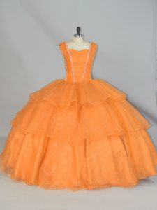 Beauteous Sleeveless Floor Length Beading and Ruffled Layers and Ruching Lace Up Ball Gown Prom Dress with Orange