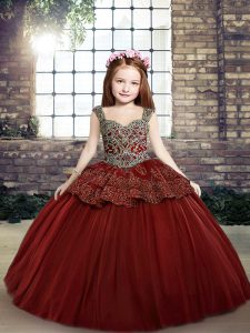  Floor Length Red Little Girl Pageant Dress Tulle Sleeveless Beading