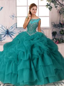  Organza Sleeveless Ball Gown Prom Dress Brush Train and Beading and Pick Ups