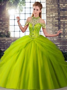  Ball Gowns Sleeveless Olive Green 15th Birthday Dress Brush Train Lace Up