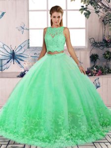Best Selling Turquoise Sleeveless Tulle Sweep Train Backless Quinceanera Dresses for Military Ball and Sweet 16 and Quinceanera