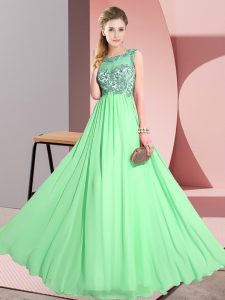 Simple Floor Length Green Dama Dress for Quinceanera Chiffon Sleeveless Beading and Appliques