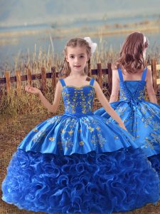Elegant Blue Little Girls Pageant Dress Wholesale Fabric With Rolling Flowers Sweep Train Sleeveless Embroidery
