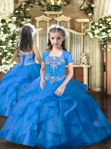  Floor Length Blue Little Girls Pageant Dress Wholesale Straps Sleeveless Lace Up