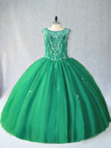 Dramatic Green Lace Up Scoop Beading Sweet 16 Quinceanera Dress Tulle Sleeveless