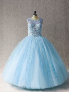  Sleeveless Tulle Floor Length Lace Up Quinceanera Dress in Light Blue with Beading