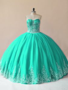 Lovely Ball Gowns Sweet 16 Dress Turquoise Sweetheart Tulle Sleeveless Floor Length Lace Up