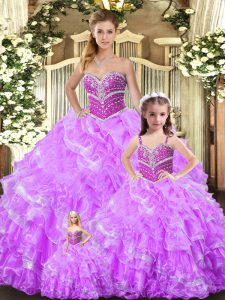 New Style Lilac Sweetheart Lace Up Beading and Ruffles Quinceanera Gowns Sleeveless