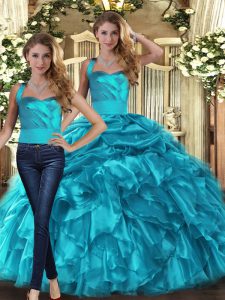  Teal Organza Lace Up Halter Top Sleeveless Floor Length Sweet 16 Dresses Ruffles and Pick Ups