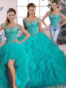Beauteous Aqua Blue Three Pieces Off The Shoulder Sleeveless Tulle Brush Train Lace Up Beading and Ruffles Quinceanera Gown